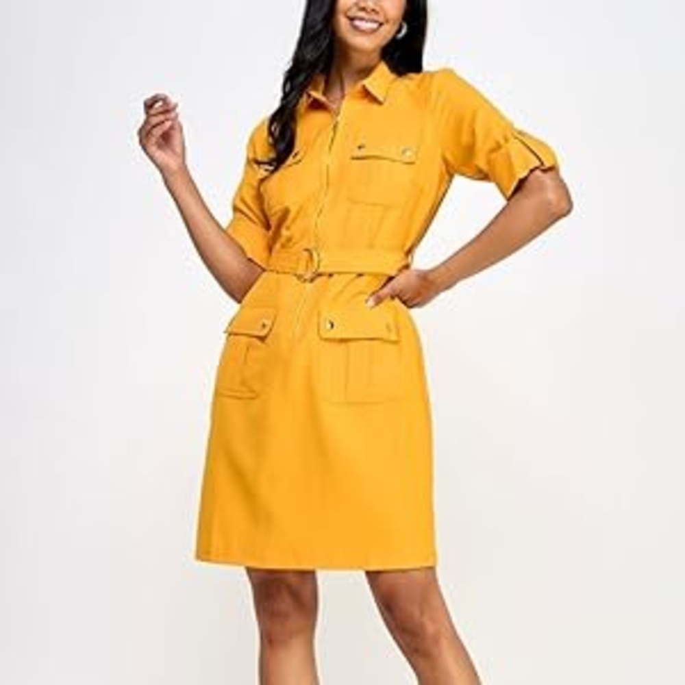 Sharagano Apricot Yellow Belted Shirt Dress Pockets Zip Size 16